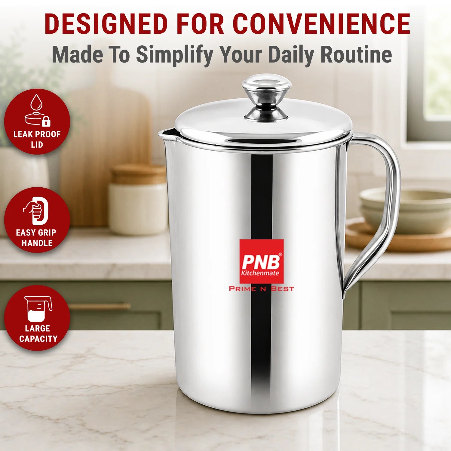 Stainless Steel Hero Water Pitcher / Jug with Cover - 1700 ml, Mirror Finish, Sturdy Tough Build, Dishwasher Safe, Leak Free