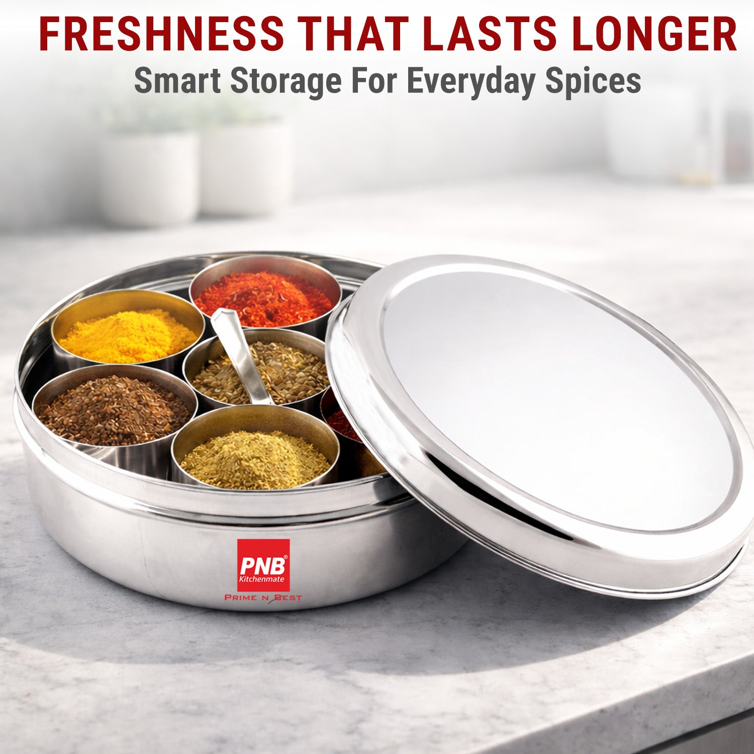 Stainless steel flat masala (spice) box/organiser with stainless steel lid, 7 containers and small spoon size