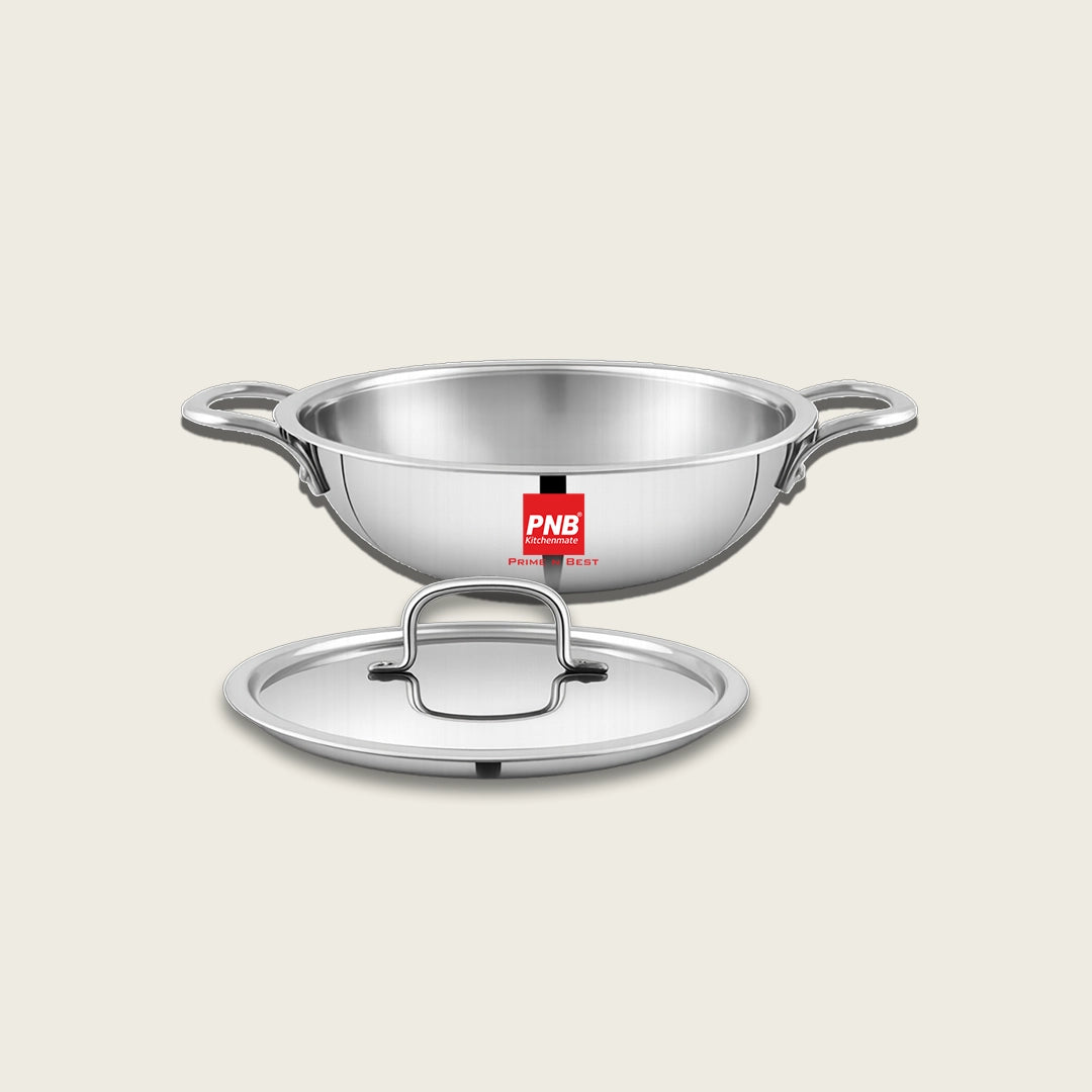 Triply Stainless Steel Extra Deep Kadai with Steel Lid , Even Heating, Less Oil Healthy Cooking, Heavy Bottom Induction Cookware Kadhai for Cooking & Frying