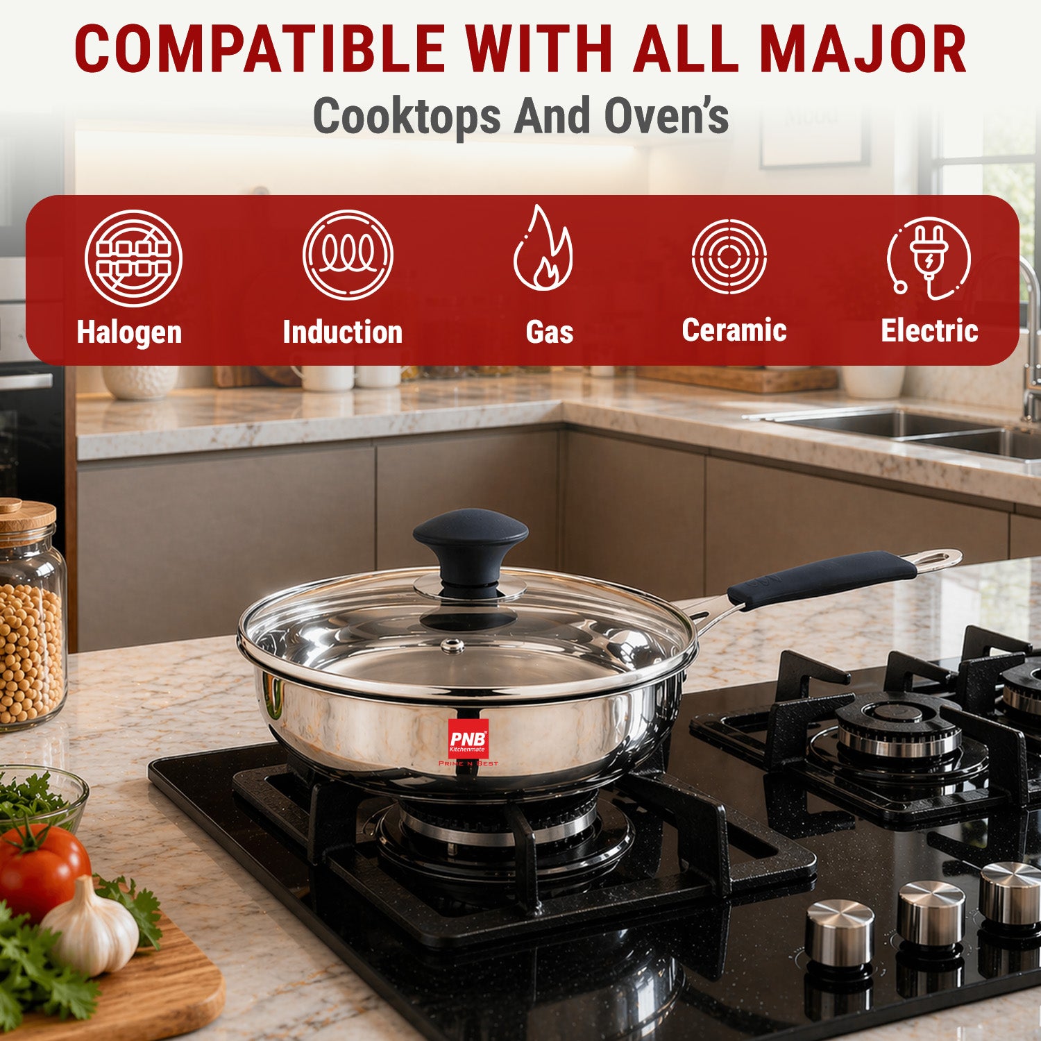 Sandwich Bottom Stainless Steel Frypan with Glass Lid | Induction Friendly Stainless Steel Cookware Frypan| 5 Year Warranty-Virgo