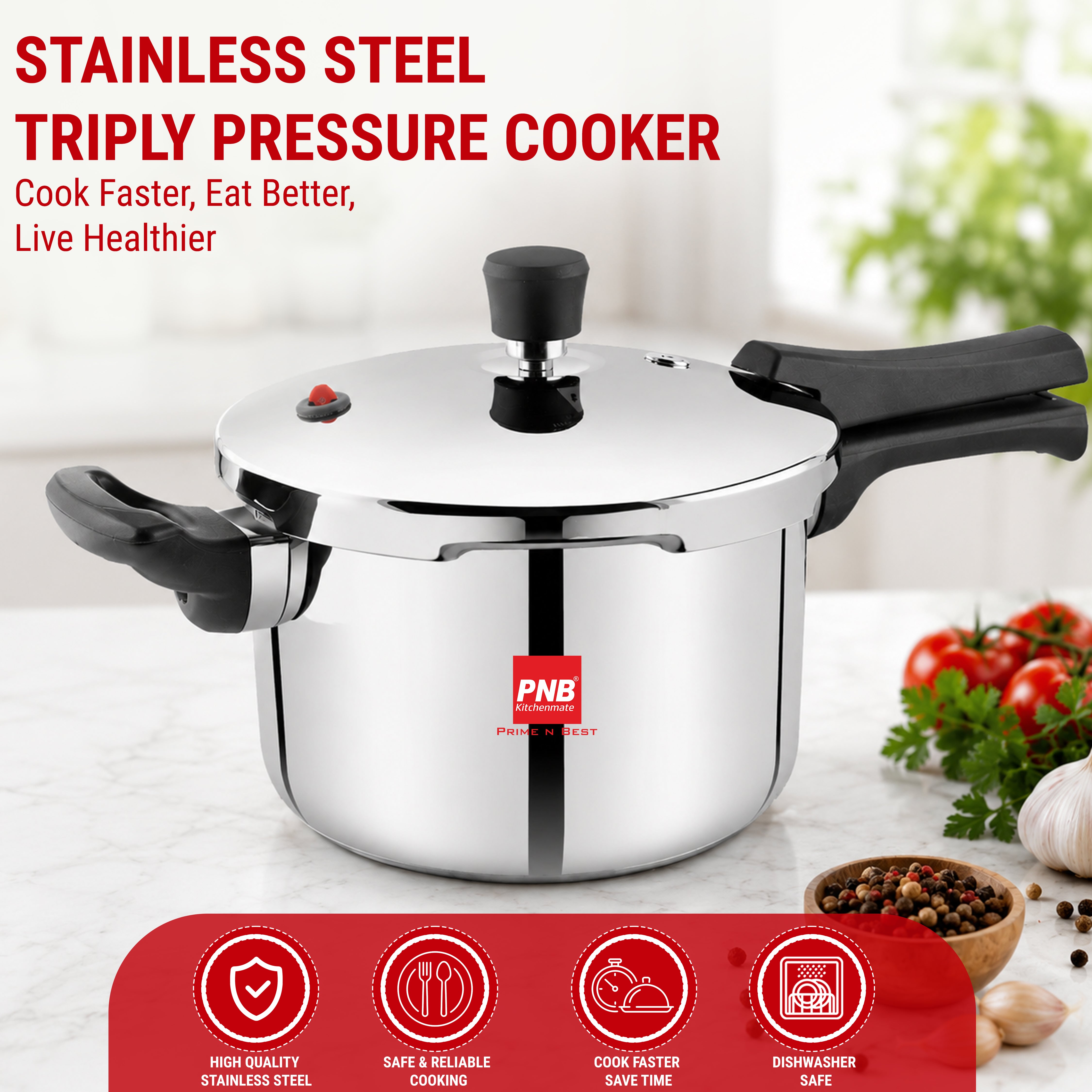 Tri-Ply Stainless Steel Outer Lid Induction Friendly Pressure Cooker, Premium Quality with three layer Triply Technology