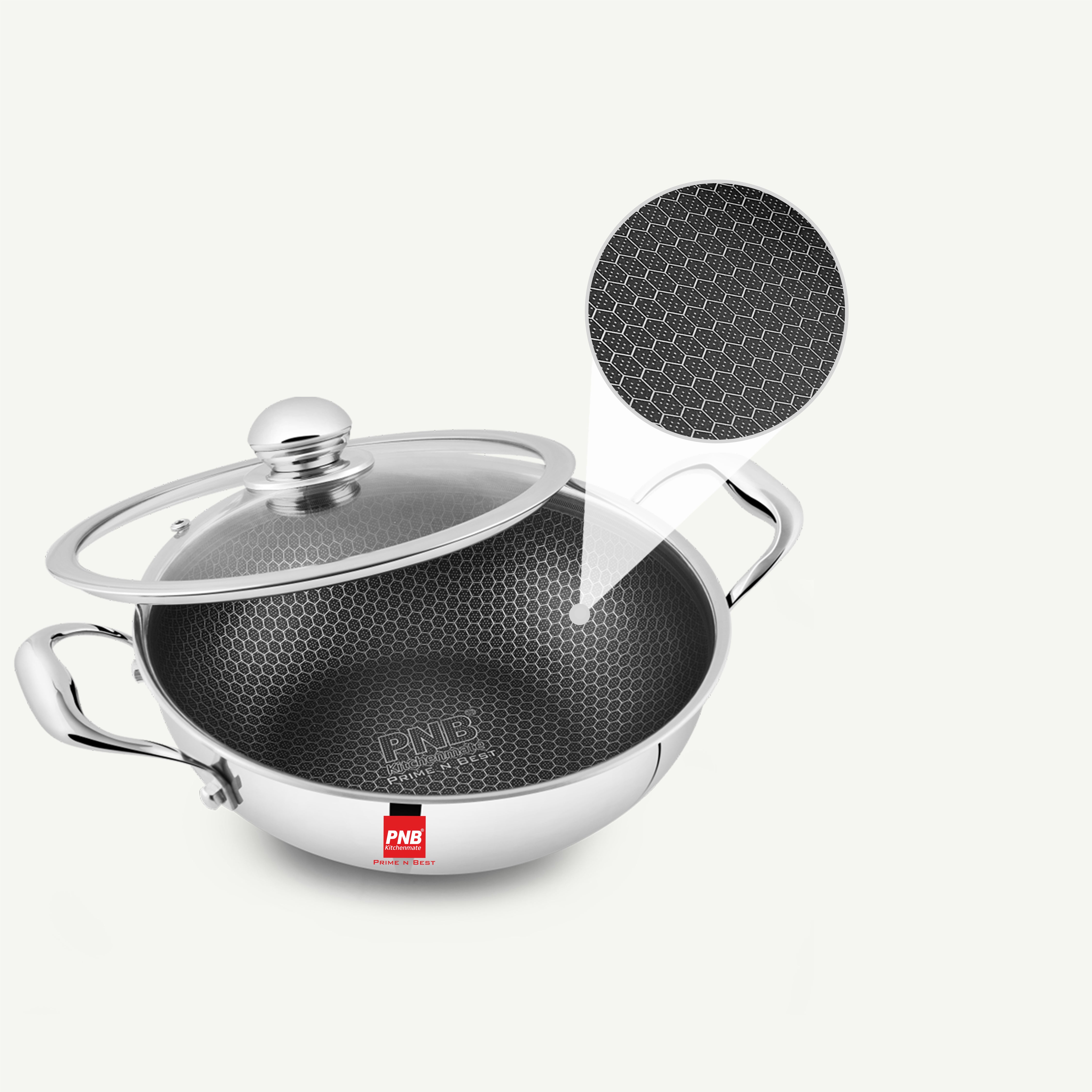 Inox Honeycomb Non Stick Triply Kadai with Glass Lid, Stainless Steel Kadai for Cooking, Triply Kadhai Metal Spatula Friendly, Induction & Gas Stove Compatible