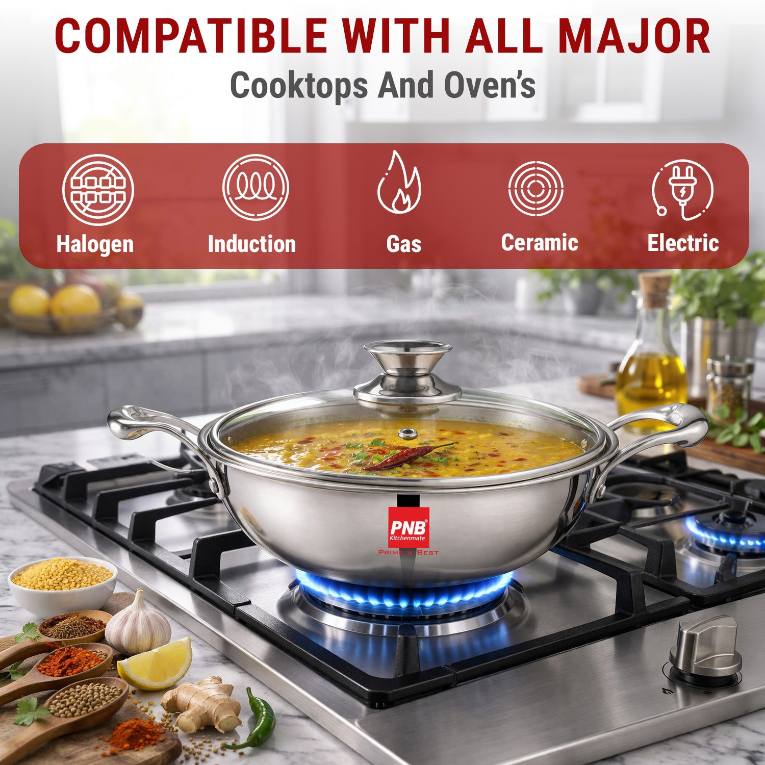 Triply Stainless Steel Kadai | Suitable For Indian Cooking, Sauces, Stews, Soups | Glassl Lid | Induction, Electric Friendly