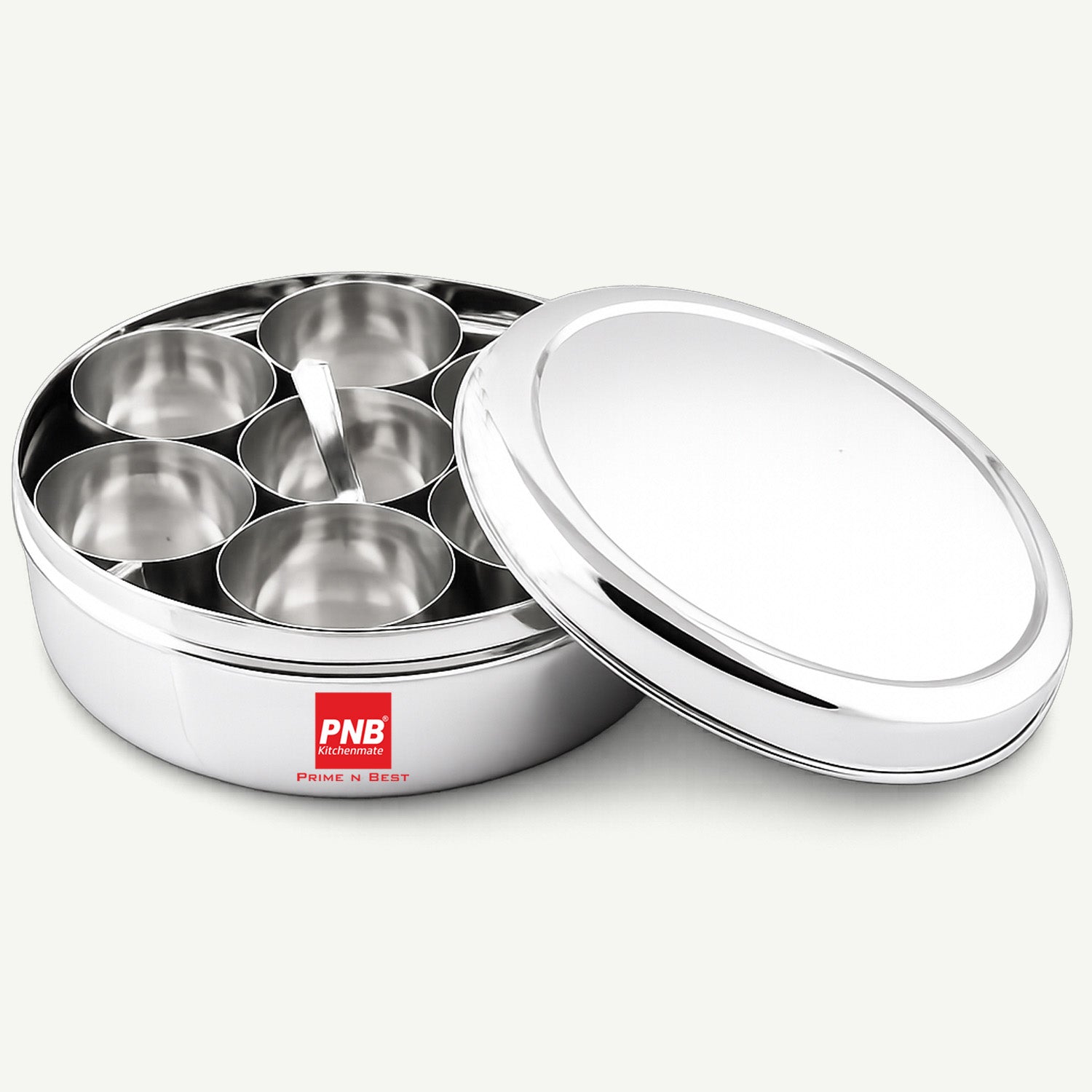 Stainless steel flat masala (spice) box/organiser with stainless steel lid, 7 containers and small spoon size