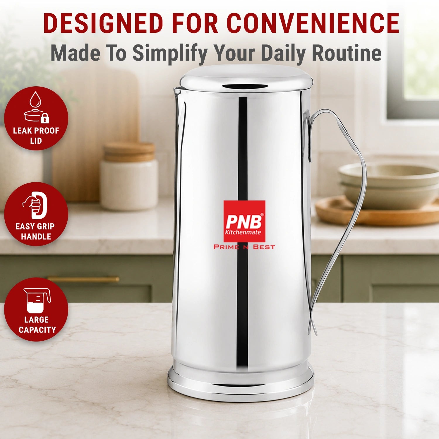 Stainless Steel Pearl Water Pitcher / Jug with Cover - 1700 ml, Mirror Finish, Sturdy Tough Build, Dishwasher Safe, Leak Free