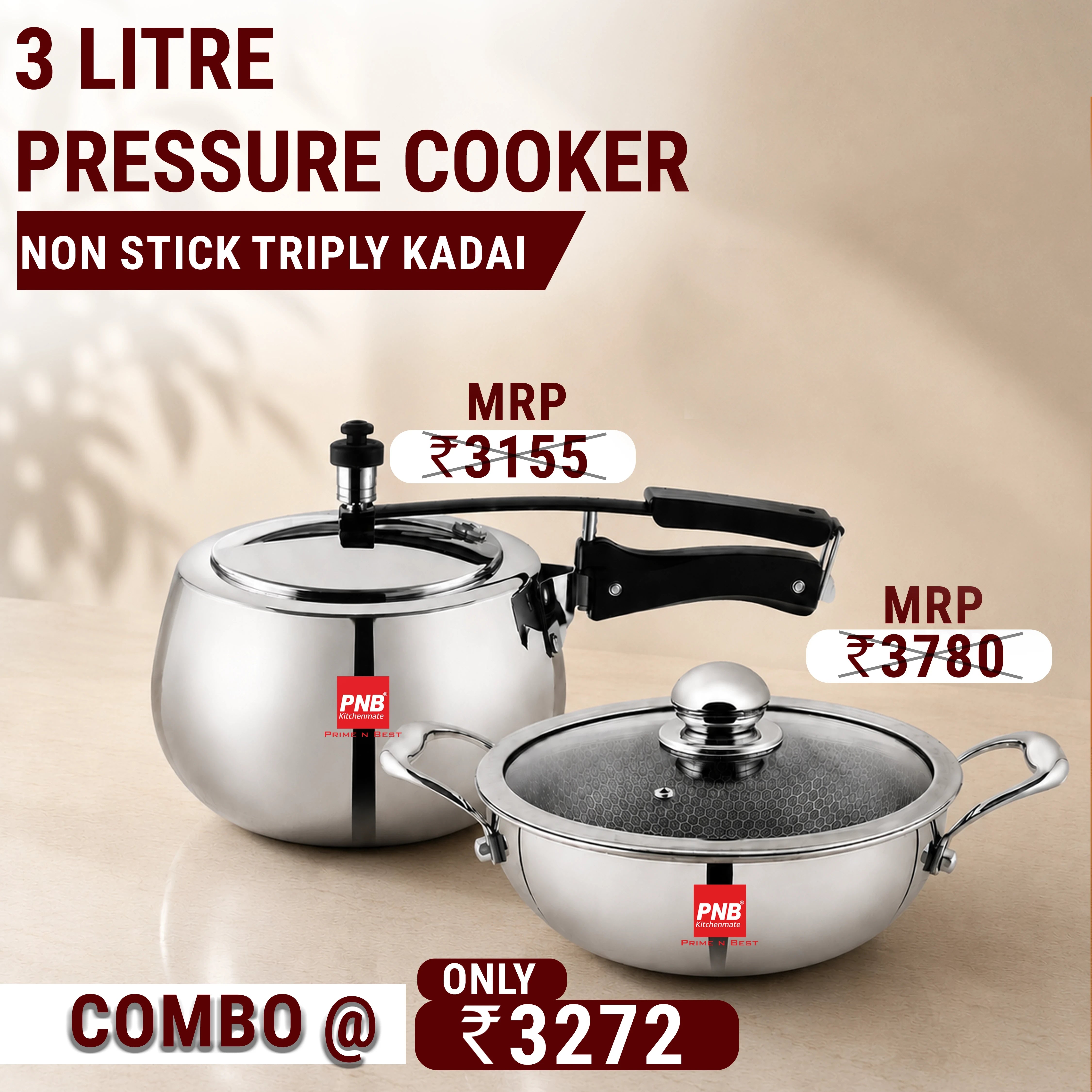 Stainless Steel Triply 3L Pressure Cooker + 22cm Honeycomb Non Stick Kadhai Combo