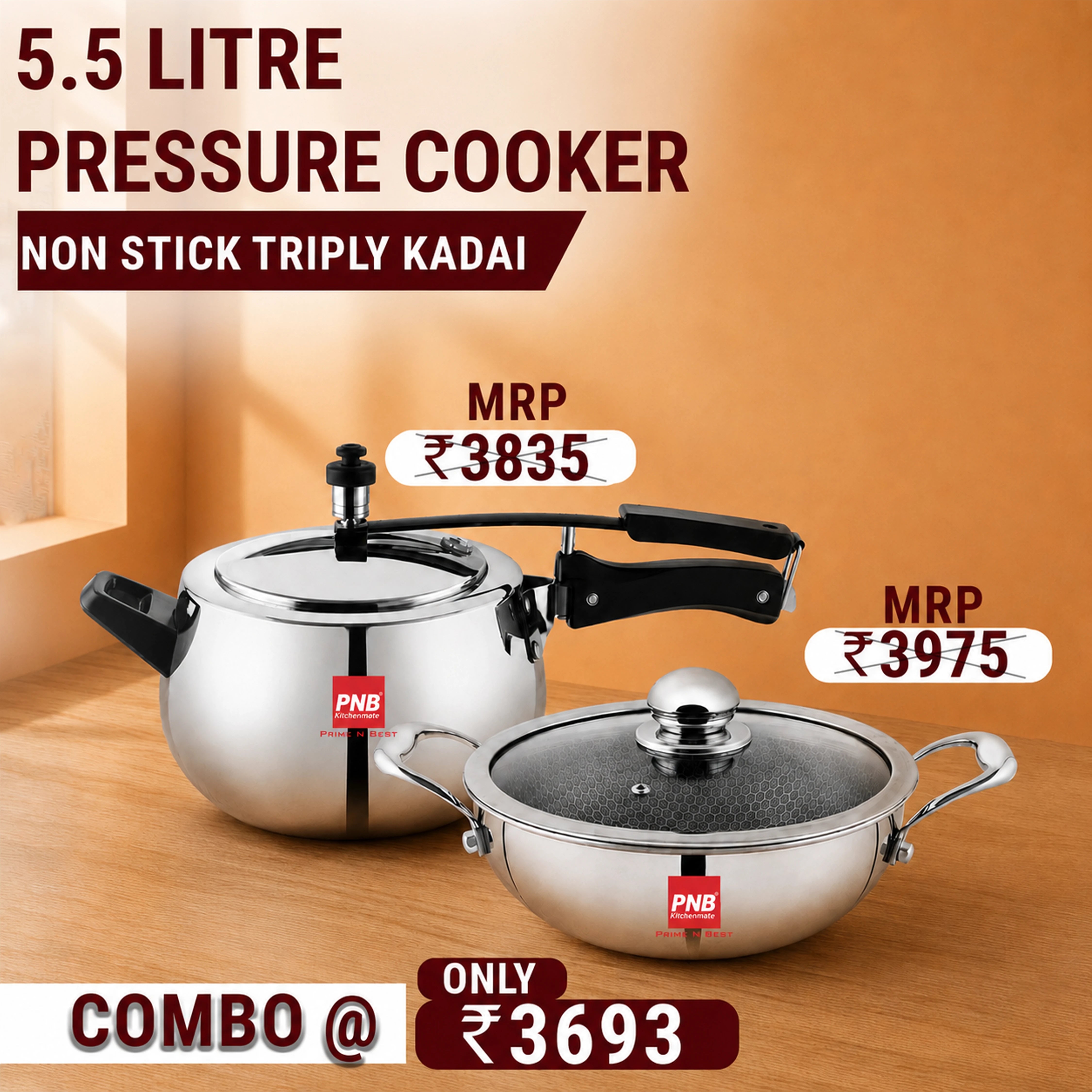 Stainless Steel Triply 5.5L Pressure Cooker + 24cm Honeycomb Non Stick Kadhai Combo