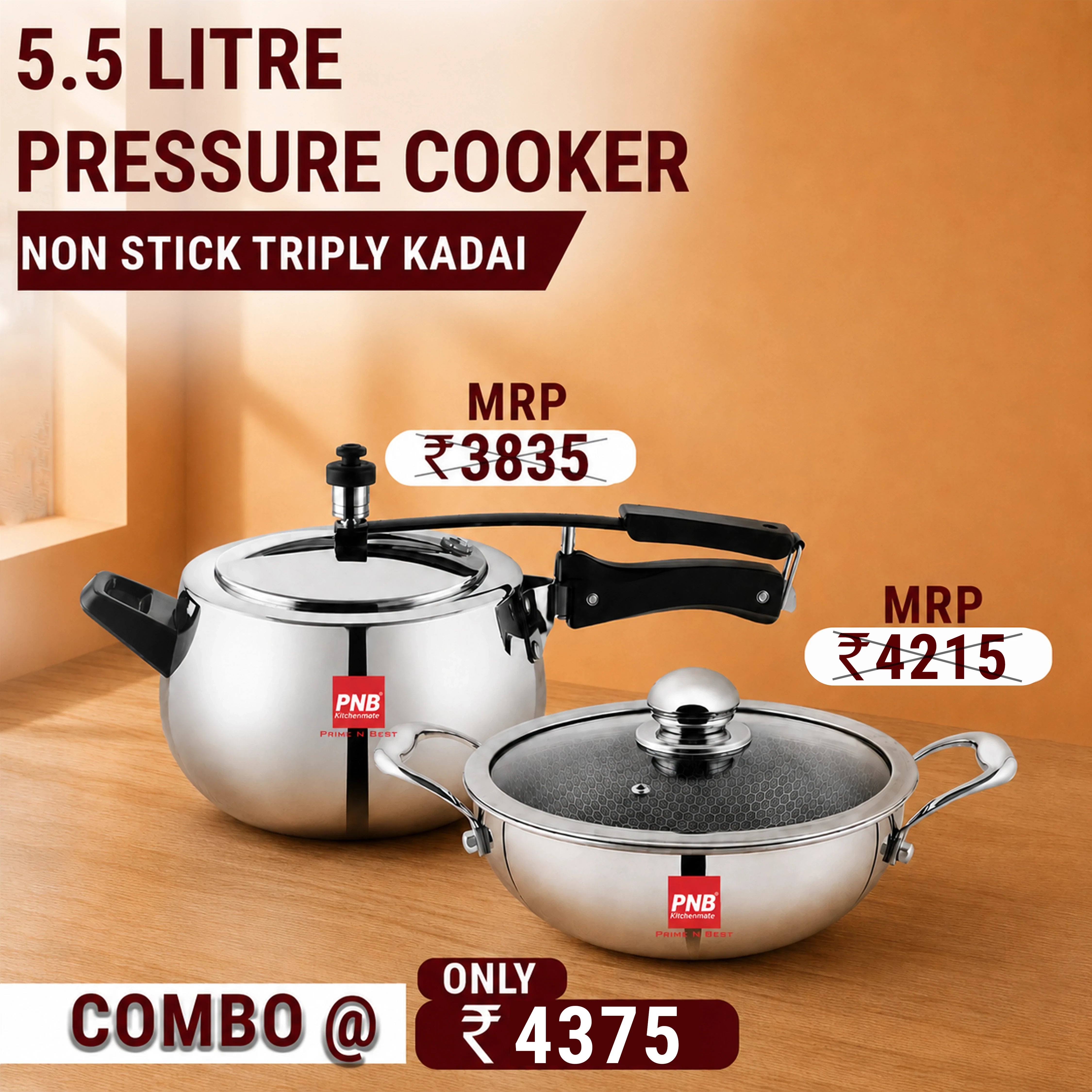 Stainless Steel Triply 5.5L Pressure Cooker + 24cm Honeycomb Non Stick Kadhai Combo