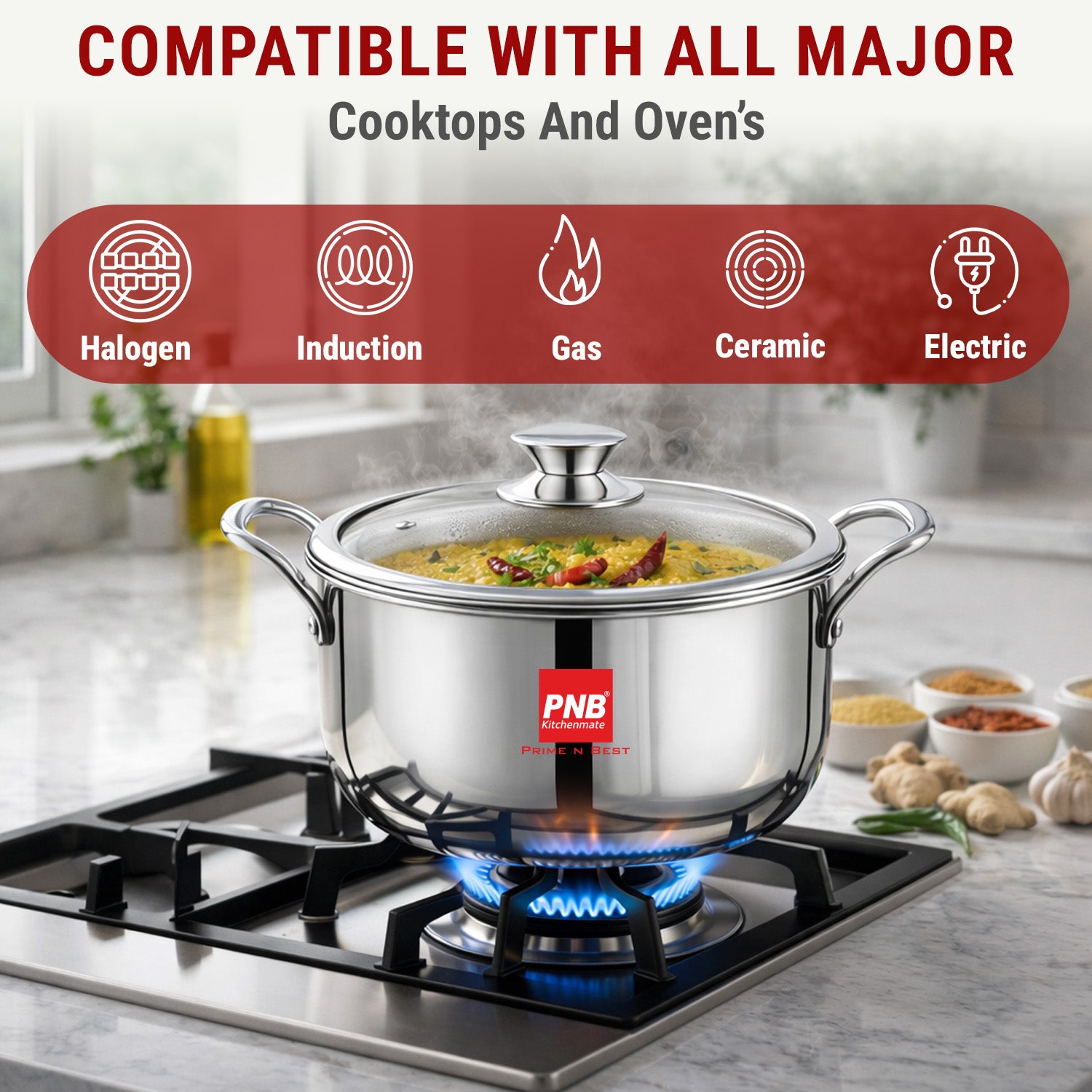 TriPly Steel-Aluminium-Steel - 3 Layers Casserole/Biryani Pot/Stock Pot with Stainless Glass Lid