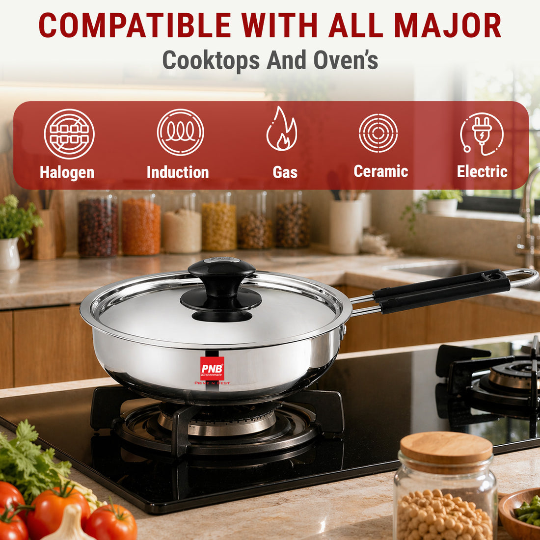 Sandwich Bottom Stainless Steel Frypan with Glass Lid | Induction Friendly Stainless Steel Cookware Frypan| 5 Year Warranty-Romano