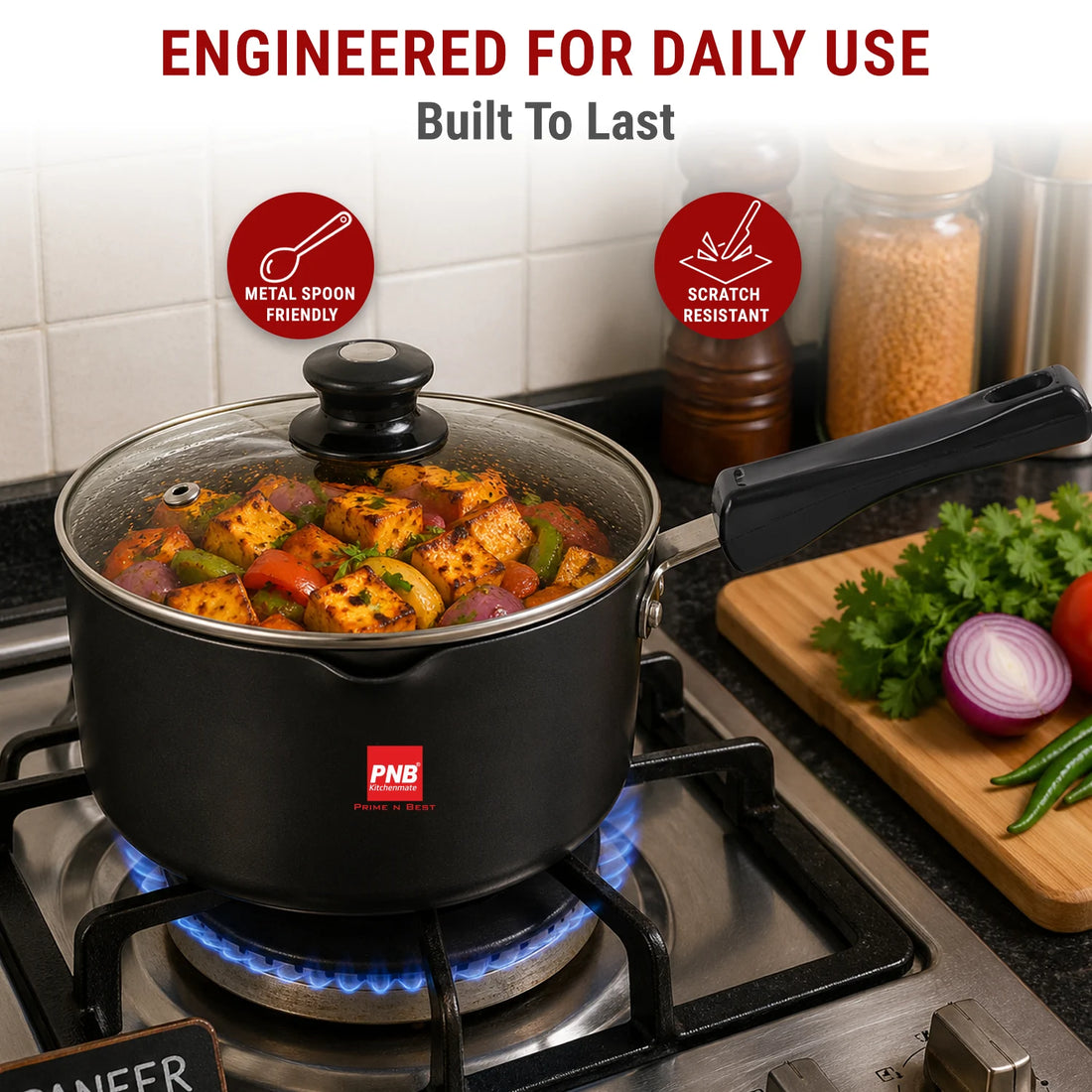 Hard Anodised Saucepan with Glass Lid | 3.25mm Thickness | Metal Spoon Friendly | Easy to Pour | 5 Year Warranty | Toxin Free