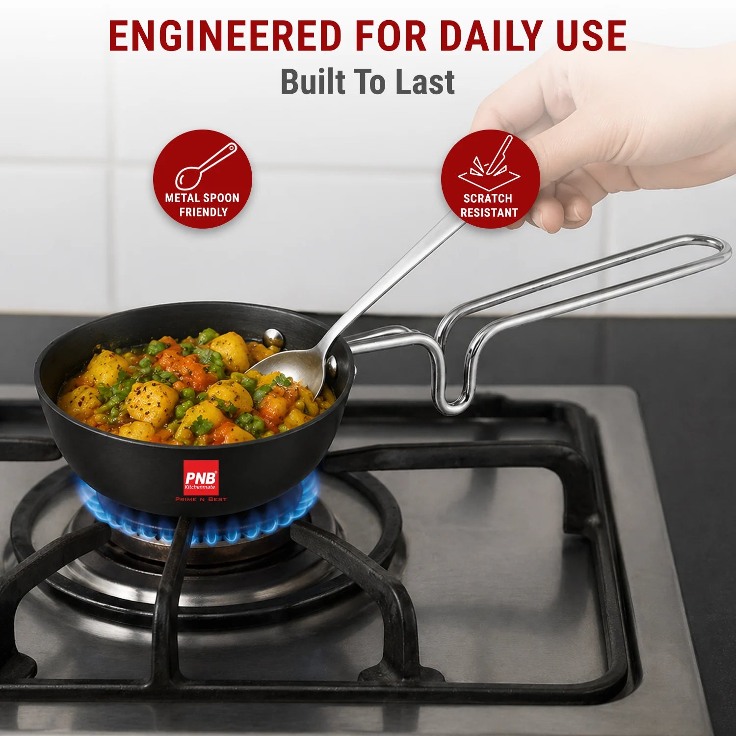 Hard Anodised Tadka Pan - Large | 3.25mm Thickness | Natural Stick Resistant | Metal Spoon Friendly | Balance Design Handle | 5 Year Warranty
