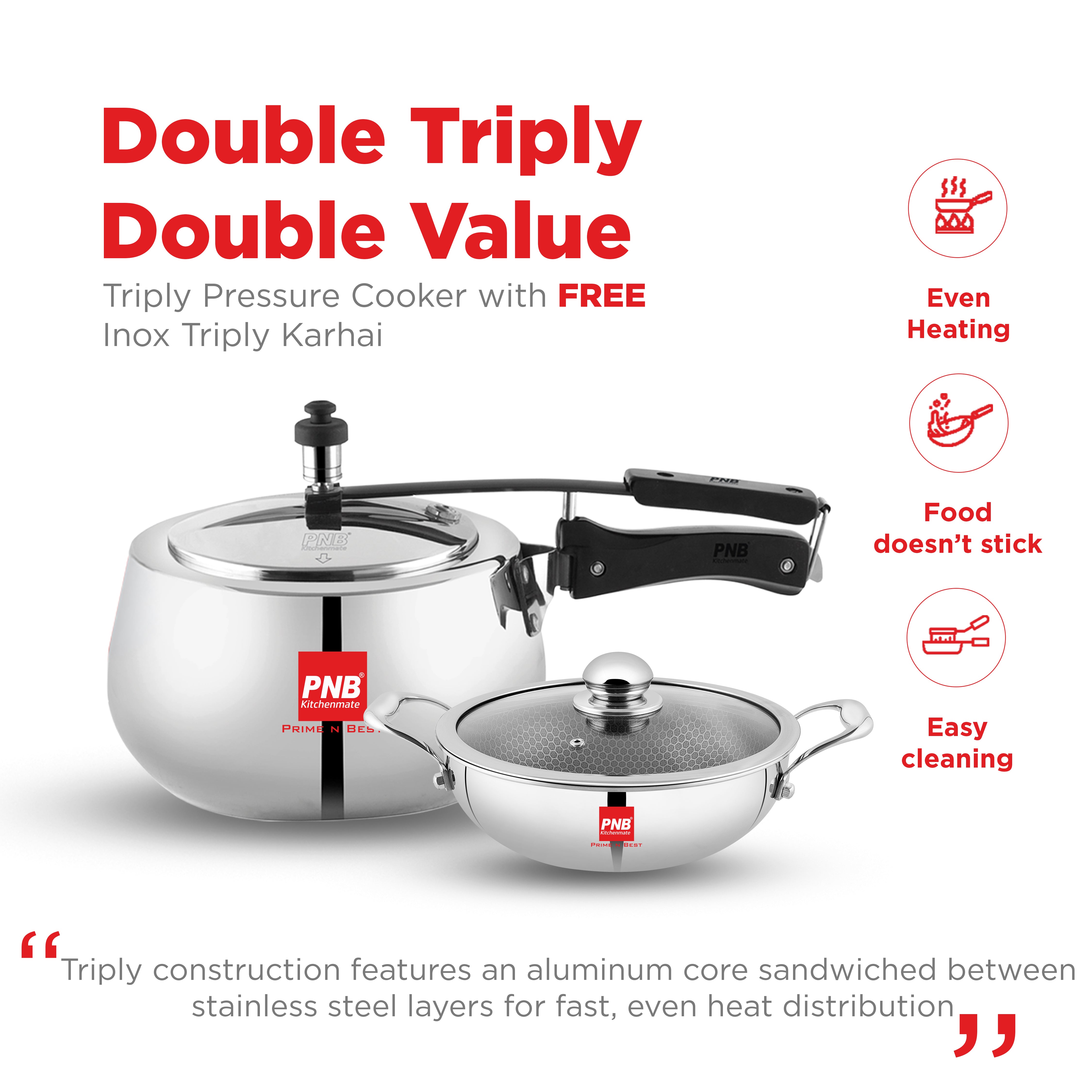 Stainless Steel Triply 3L Pressure Cooker + 22cm Honeycomb Non Stick Kadhai Combo