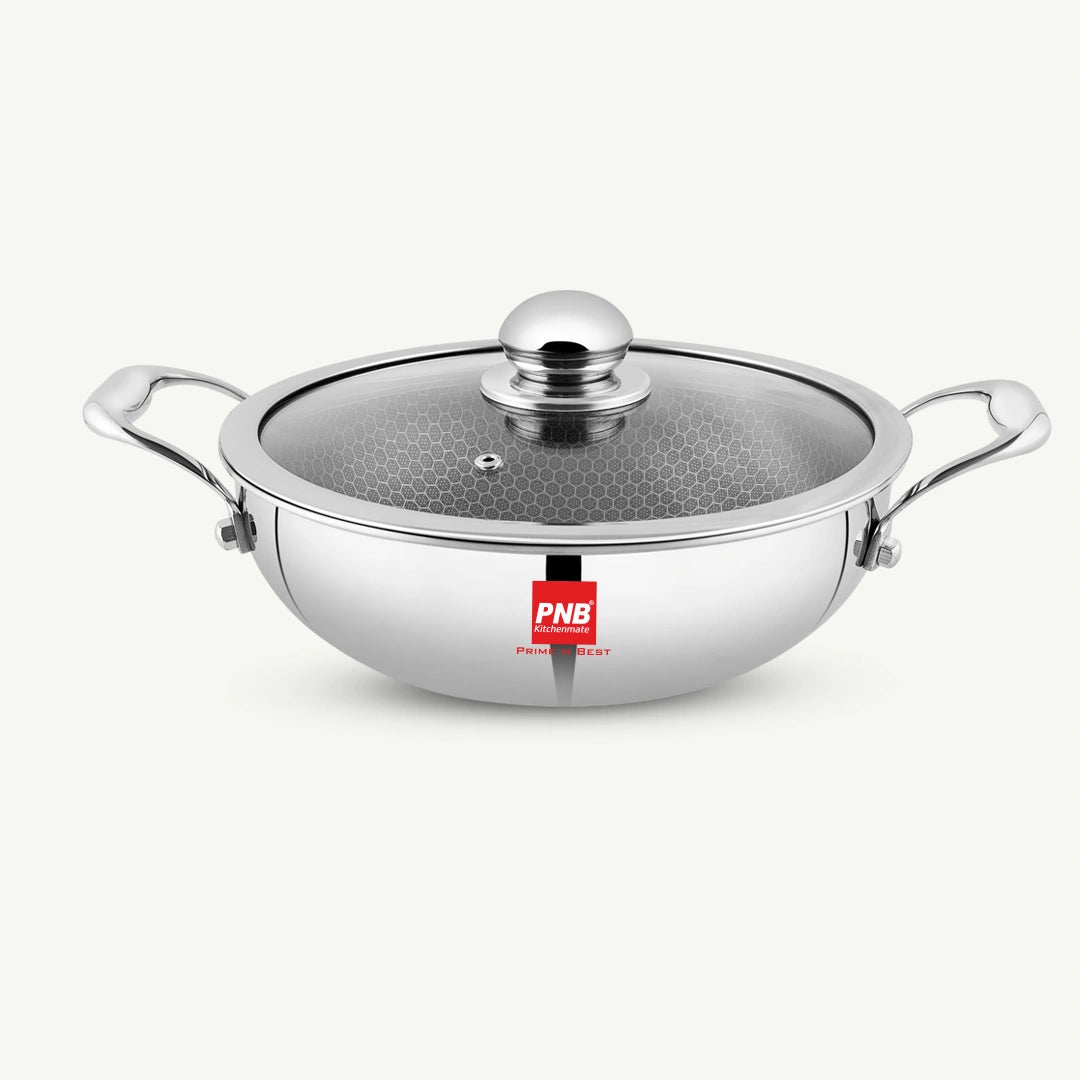 Inox Honeycomb Non Stick Triply Kadai with Glass Lid, Stainless Steel Kadai for Cooking, Triply Kadhai Metal Spatula Friendly, Induction & Gas Stove Compatible