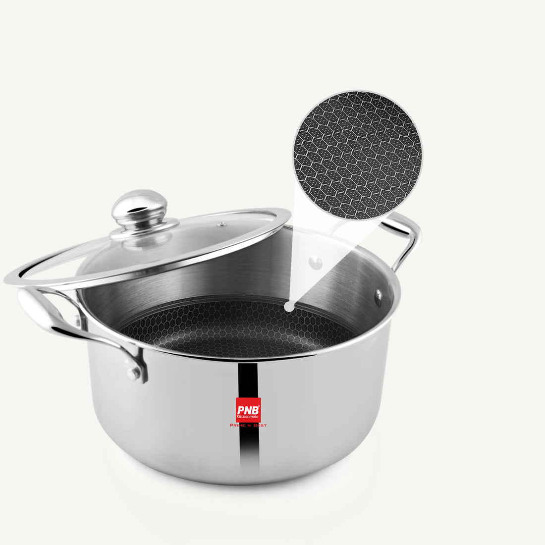 Honeycomb Non Stick Casserole Handi/Stock Pot/Biryani Pot/Dutch Oven in Triply construction with Glass Lid - Even Heat, Cook-N-Serve, Gas and Induction Friendly