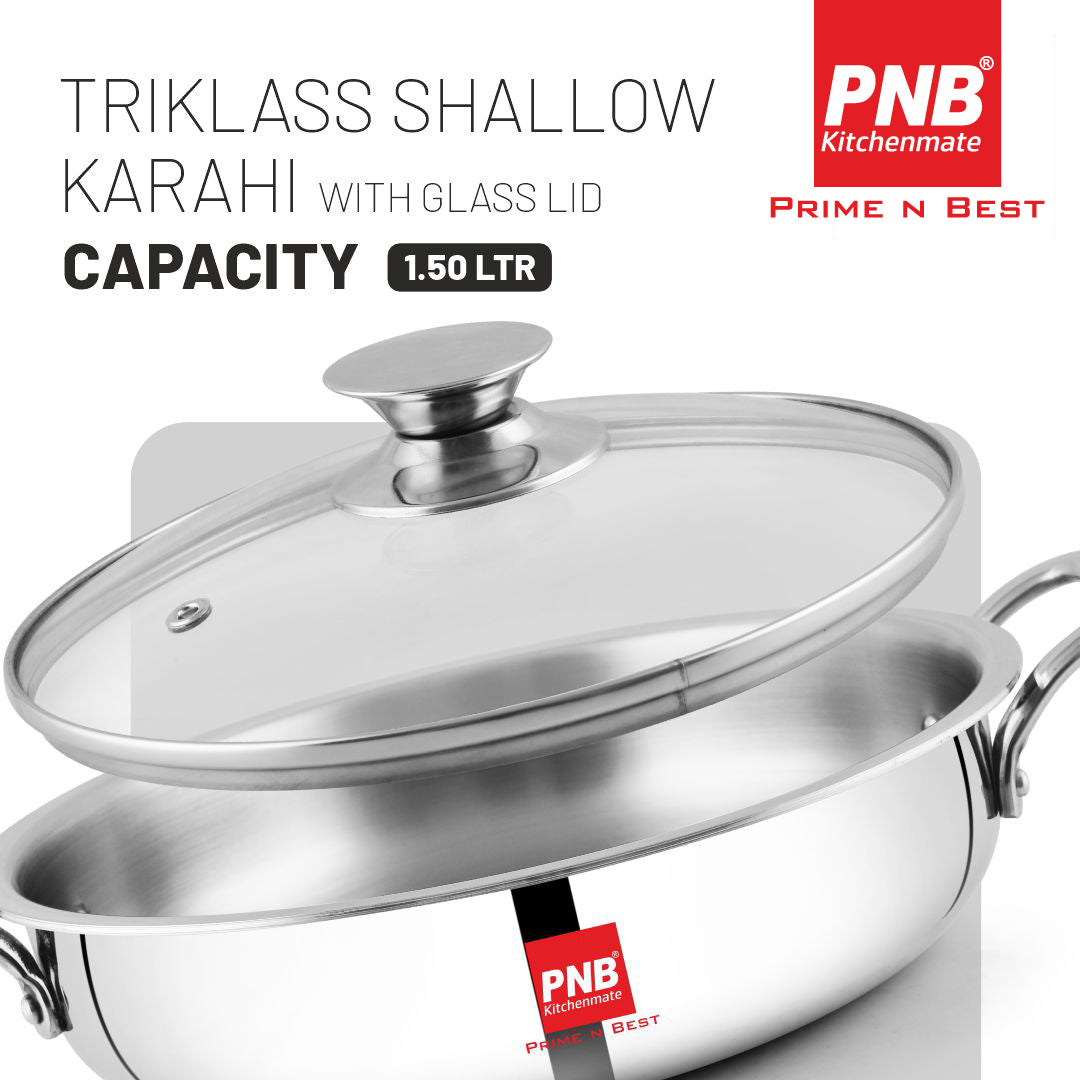 Triklass Shallow Karahi  with Glass Lid - Triply Glass Lid Cookware