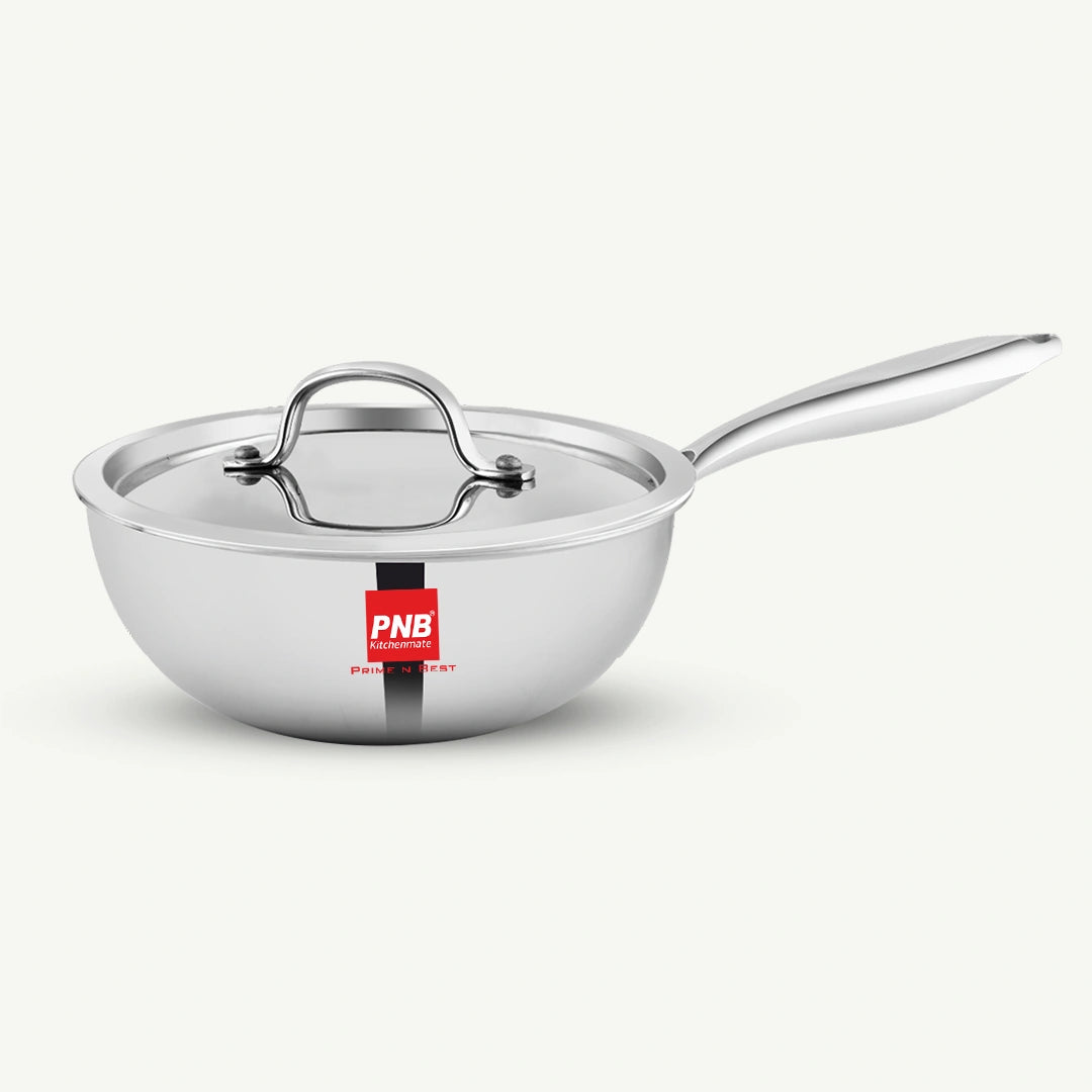 Tri-Ply Stainless Steel Wok / Chinese Kadai, Durable Stay Cool Cast Handles, Heavy Bottom, Less Oil Use, Non-Toxic, Healthy Cooking - Induction and Gas Stove Ready