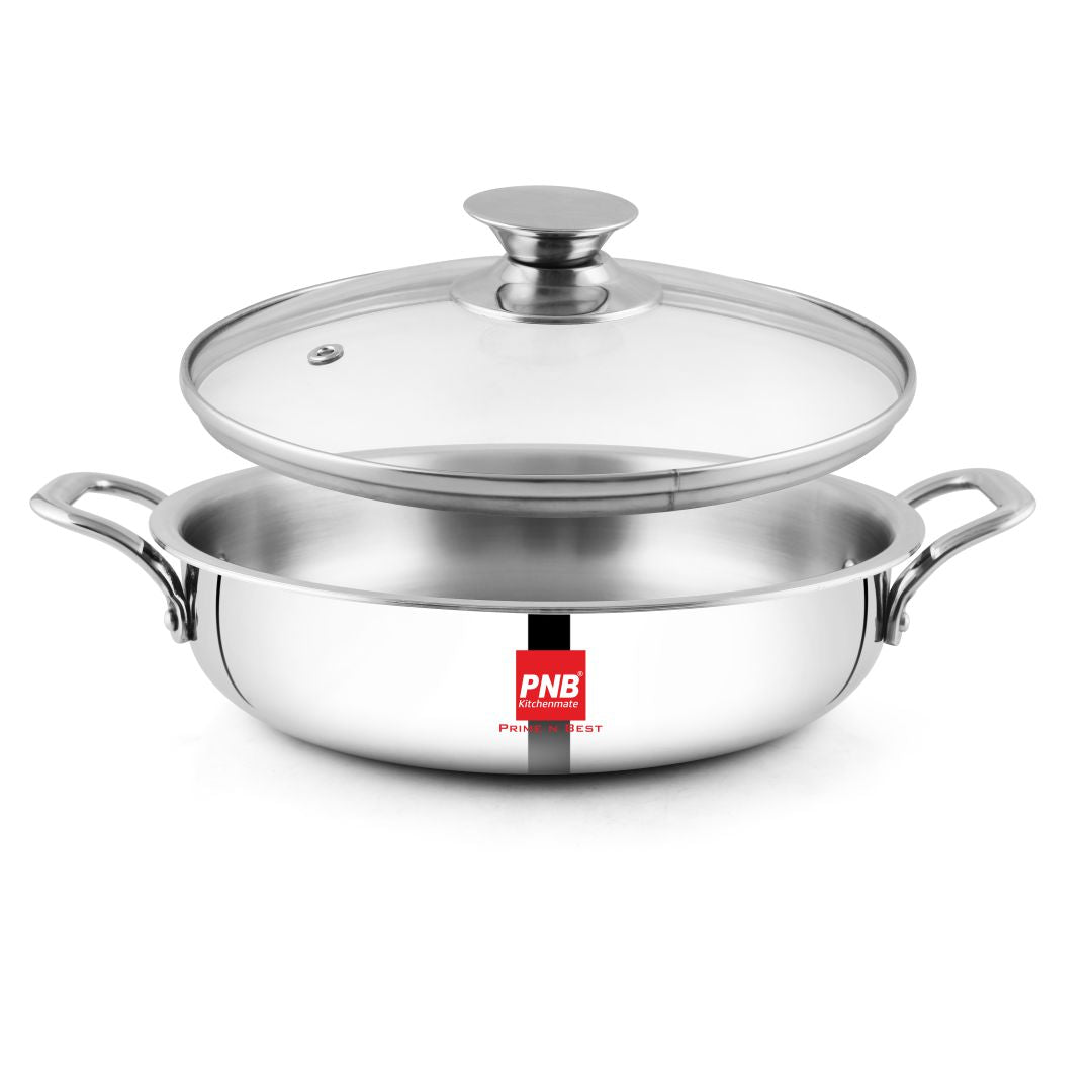 Triklass Shallow Karahi  with Glass Lid - Triply Glass Lid Cookware
