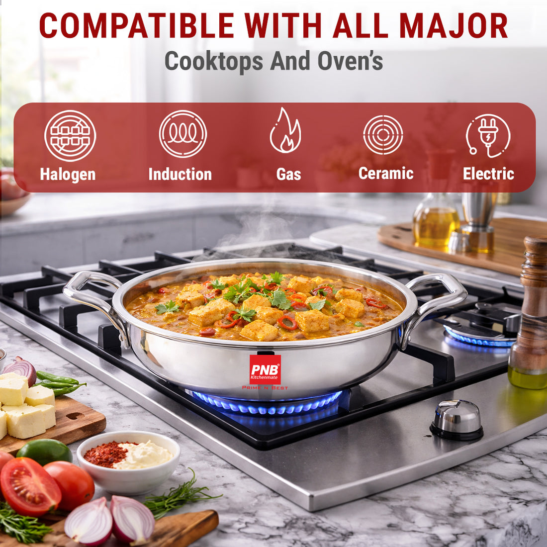 Triply Stainless Steel Shallow Kadai | Suitable For Indian Cooking, Sauces, Stews, Soups | Glass Lid | Induction, Electric Friendly
