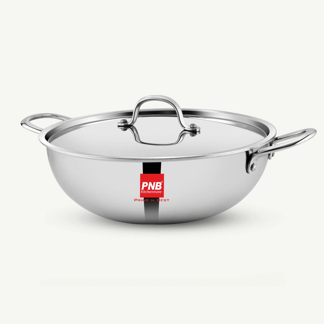 Triply Stainless Steel Extra Deep Kadai with Steel Lid , Even Heating, Less Oil Healthy Cooking, Heavy Bottom Induction Cookware Kadhai for Cooking & Frying